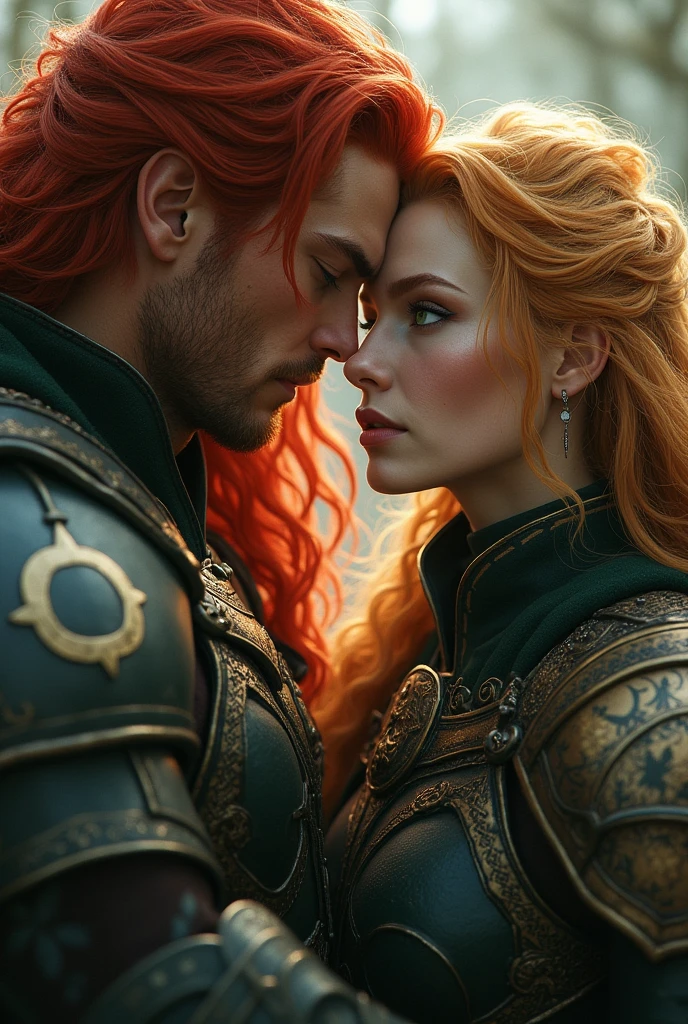 beautiful female warrior with red hair and green eyes, In a love triangle with two male warriors, one with long red hair, and another blond guy seduced her. Change the face of man , save everything else 