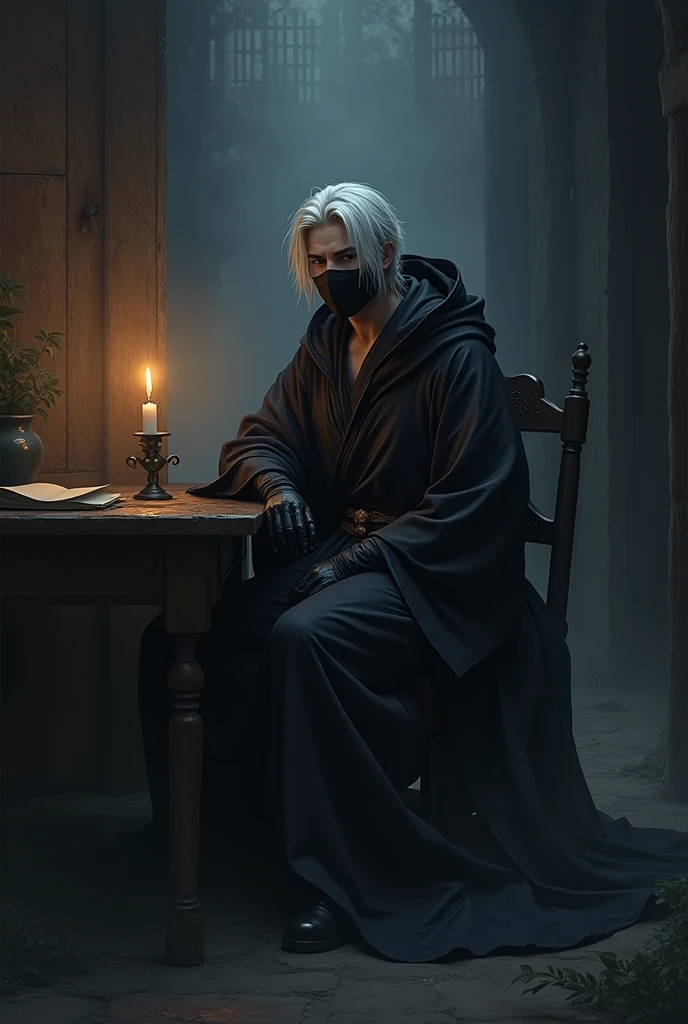 A man sits at an old desk in a dark, spooky room, illuminated only by a flickering candle. The art style resembles Fairy Tail anime. He wears black Japanese-style robes with a loose leather hood. His long black leather gloves and black face mask complement his pale skin. His hair is stark white.
