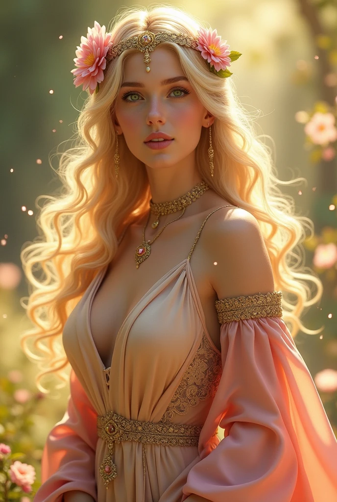 Skin Tone: Fair with a soft glow, reflecting her devotion to beauty.
Hair: Long, wavy golden hair that flows freely or is adorned with delicate flowers.
Eyes: Bright green, filled with warmth and kindness.
Body: Slender and elegant, with graceful movements.
Clothing: Elegant robes in shades of gold and pink, symbolizing love and beauty. Often seen wearing a circlet decorated with intricate patterns and gemstones.
Accessories: Amulet of Dibella, symbolizing her devotion, and a ring enchanted with fortify speechcraft, enhancing her persuasive abilities.