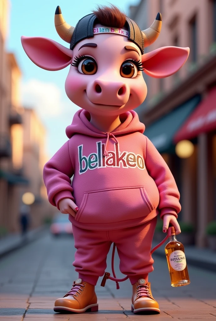 A 3D render of a Disney Pixar style medium shot of a sexy anthropomorphic pink cow with curvy woman body, urban clothing. She is standing on two legs in a sensual pose, and smiling, wearing a backward hat, hoodie with the colorful text "BELLAKEO", pants, cool sunglasses, piercings on her ears and nose, and has long eyelashes and makeup on her face. She is holding a tequila bottle in one hand