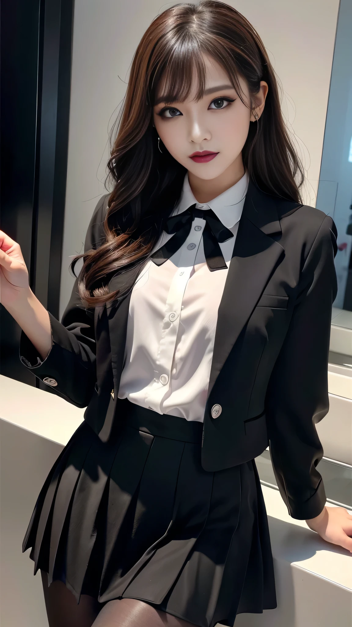 best quality、ultra-detailed、8k、Japanese、Seductive beauty、seductive adult woman、Pretty Woman、cool girl、smirk、Wicked Smile、Villainess、brainwash makeup、brainwash、Fallen into evil、Evil look、evil、Brown hair、wavy hair、swept bangs、dark makeup、piercing eyes、hollow eyes,half-closed eyes、Hollow Eyes、purple Eyeshadow、black lipstick、black lipglos、Purple Eyeshadow、black lipstick、black lip gloss、Dark Makeup、smirk、Whisper in my ear、business suit、black Jacket、white blouse、Black ribbon、Wide sleeves、Pleated skirt、pantyhose、night、inside darkroom、I have lipstick、Are standing、shoot from below、Hold your hand forward、