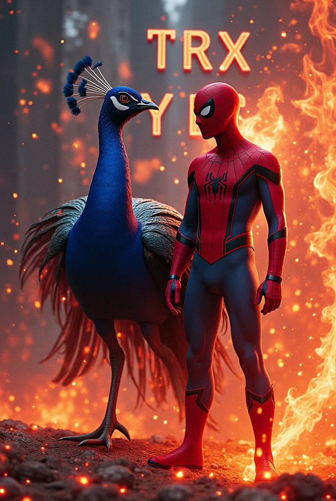 An Image with a spider man and a danger peacock with both in red and blue fire and TRX Movies written in golden red Font in in the background