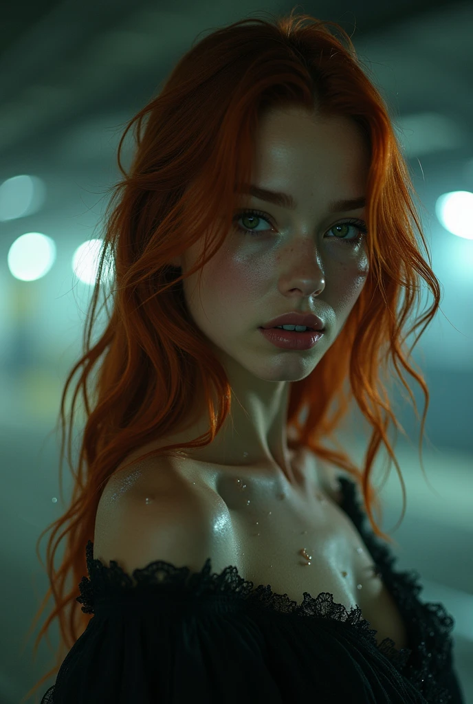 (masterpiece, photorealistic:1.4, extremely intricate:1.3), (photon mapping, radiosity, physically based rendering, ultra resolution, hyper-realistic, 8K), ((((closeup necklace, wet white t-shirt, tied, humid, [medium breasts:large breasts:0.3], abdominals)), humid, [skin detail:freckles:0.7], natural, 19 year teenage supermodel, [bright blonde hair:red hair:0.7]), dark room, ((outside, outdoors, Hawaiian palm trees, raining, rain, dim, dark sky, windy, wet hair)))
