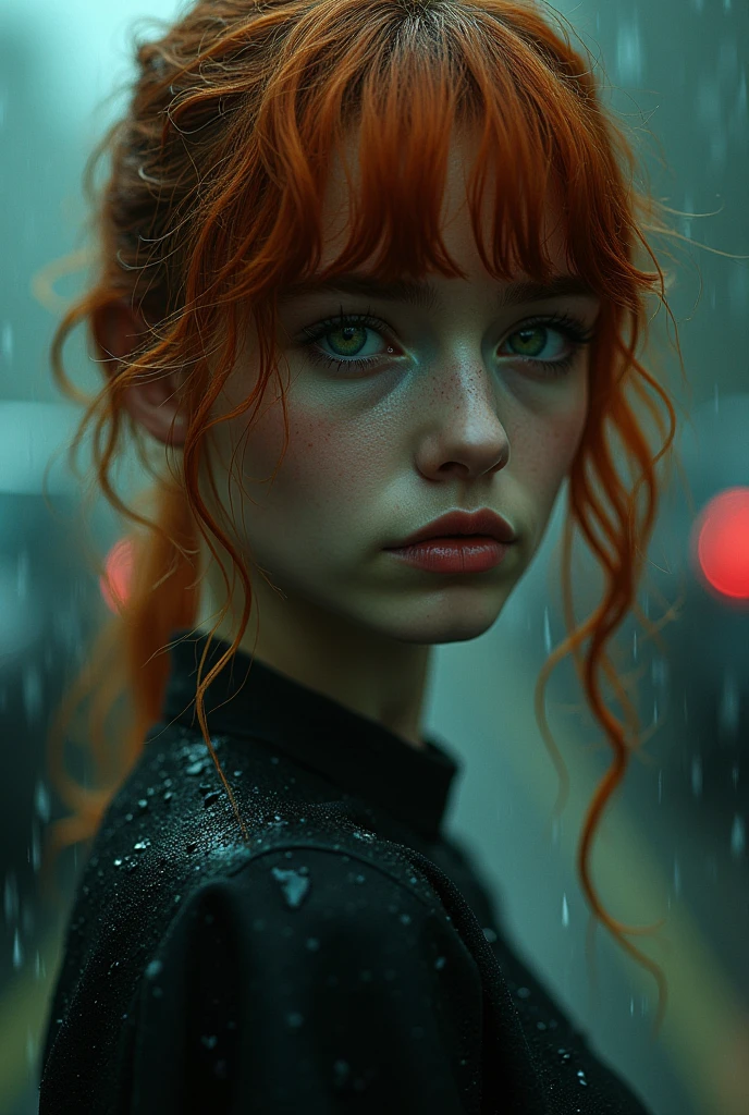 girl, red hair, green eyes, amber heard, pixie, rainy. Moodie, car park