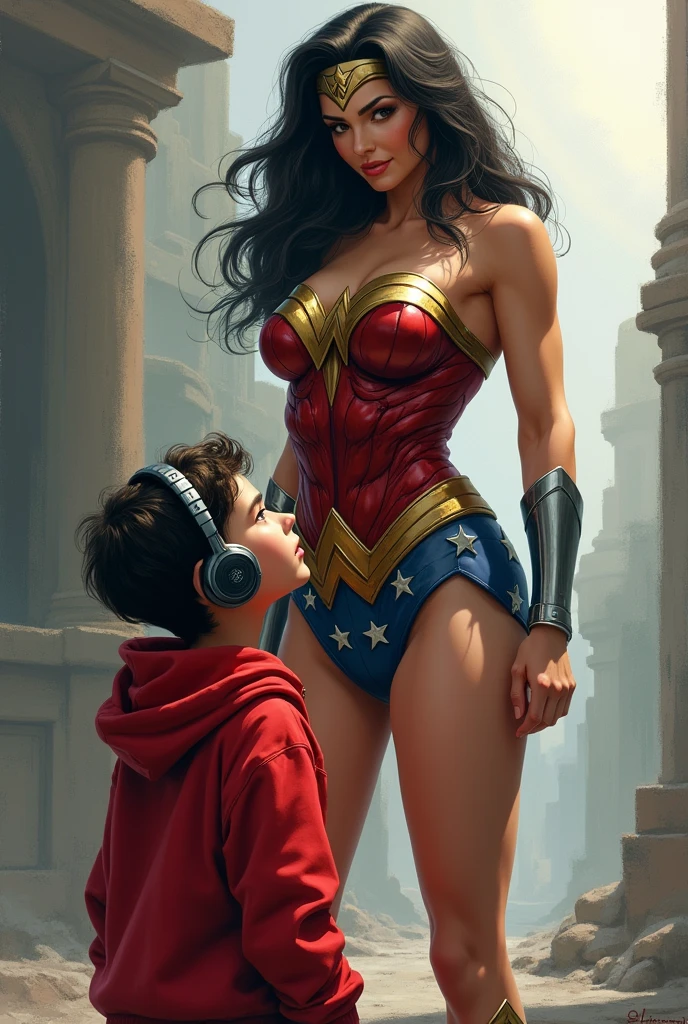 Young boy with red hoodie, headphones and tennis, looking at breasts of Wonder woman (Big breasts), power, fiction, full body, 2 person, Romance, Embrace, kiss on the mouth