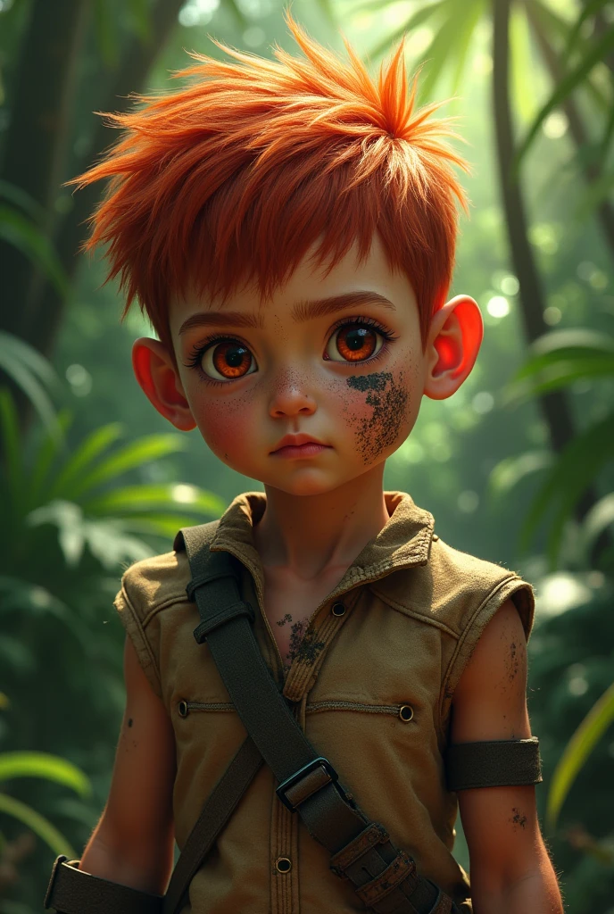 A  with red hair and red eyes, indigenous, wearing jungle clothes and with a scar on his cheek 