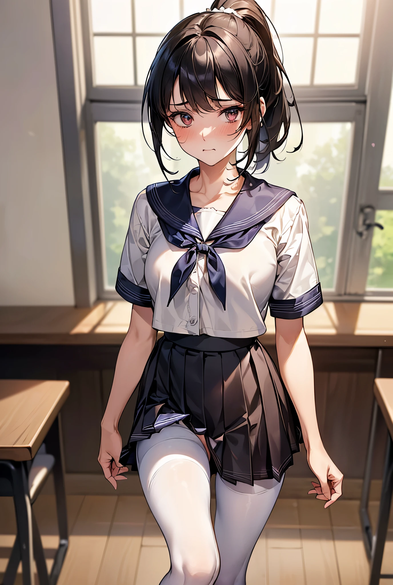 top-quality、in 8K、masterpiece、nffsw、超A high resolution、Raw photo、(Photorealsitic:1.3)、natural soft light、(depth of fields)、A slender、(Full body:1.2)、detailed faces and eyes、Realistic pupils、Sharp pupils、Inside the classroom、Schools、Evening glow、beauitful face、16-year-old beautiful girl、Girl like a Japan doll、shinny skin、bob cuts、Beautiful black hair、Blunt bangs、Red Eye、(Skirt Roll Up、Panties are visible:1.4)、(Embarrassed look:1.5)、sitting on、Opening legs、knees up、a sailor suit、Pleated miniskirt、(thighs thighs thighs thighs:0.8)、(Looking out the window)、