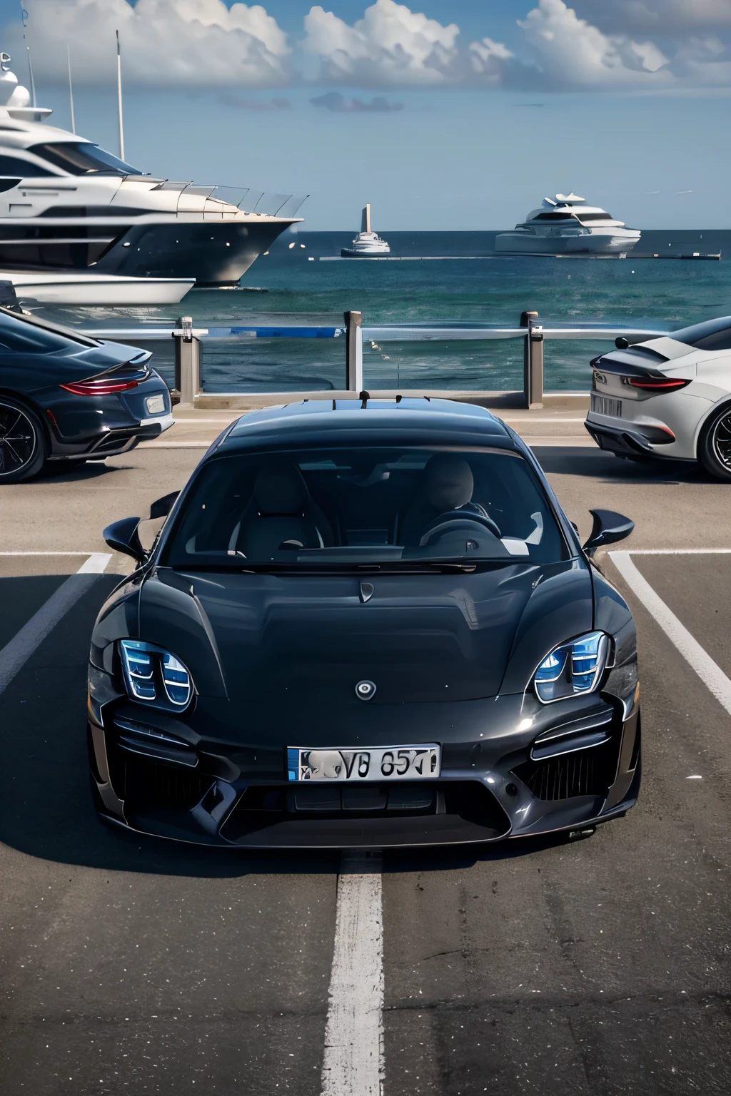 (RAW photo, Best quality), (realistic, photo-realistic:1.3),Best quality,very detailed,masterpiece,ultra detailed,illustration, 2 cars_Porsche Taycan and BMW M5, On the pier, there is a large yacht in the background, detailed drawing of car emblems and the cars themselves, Sunny weather, without people