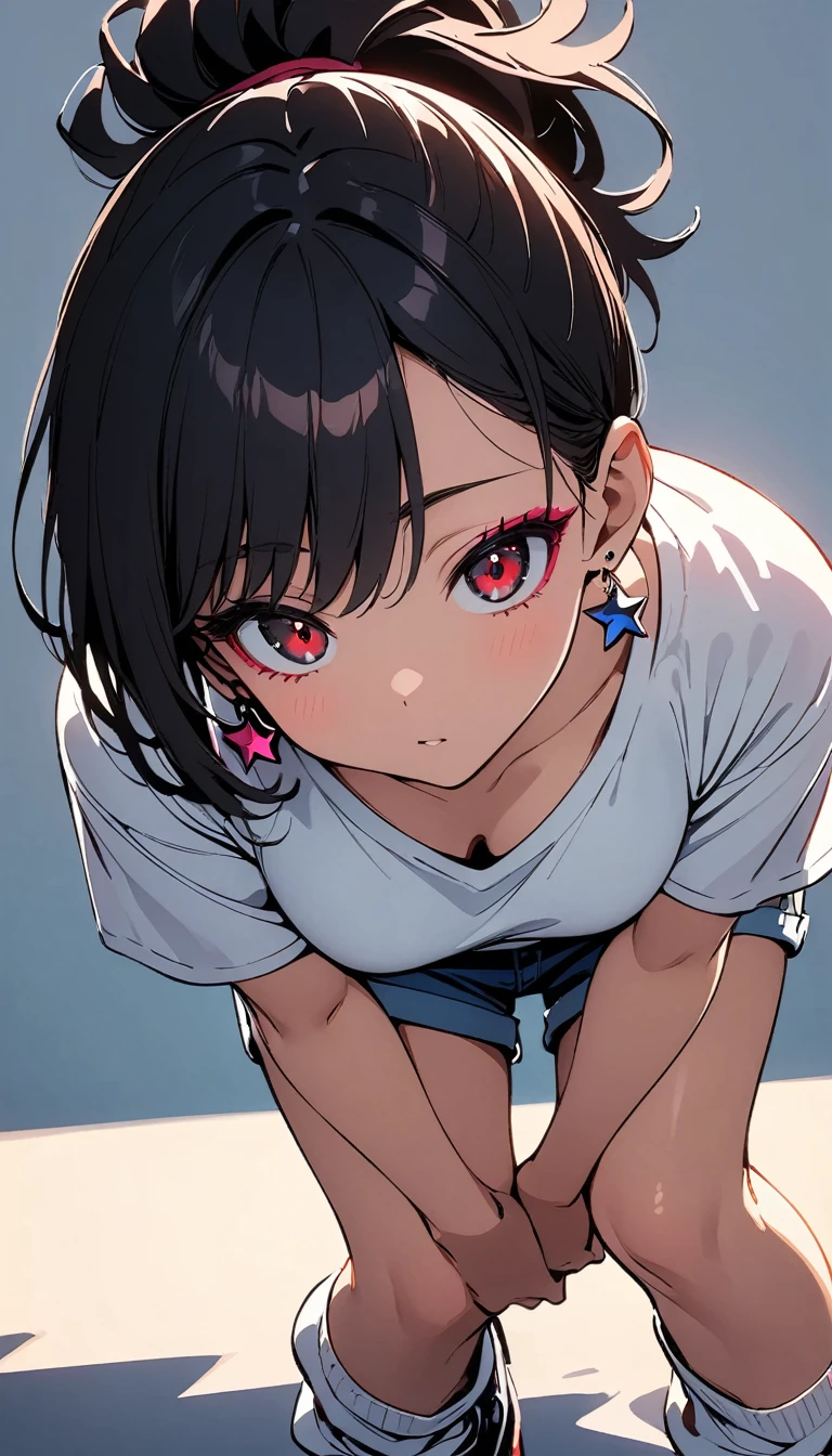 (high quality, 8k, 4K, High Contrast, masterpiece:1.2, 最high quality, Best aesthetics), (Dynamic Angle), ((1 female)),((Crouching)), ((A plain background:1.3)), ((Flat Color)),High Contrast, Contrasting colors, , Pale pink and blue lighting, White long sleeveＴshirt,Denim shorts,(White loose socks),sneakers, Looking at the audience, (Cool look), Sleepy eyes, ((Short Hair)) , (Tied Hair), Black Hair, Red eyes, Small star-shaped earrings in both ears, bright eyeshadow,high angle shot, Baseball Cap,Mature face