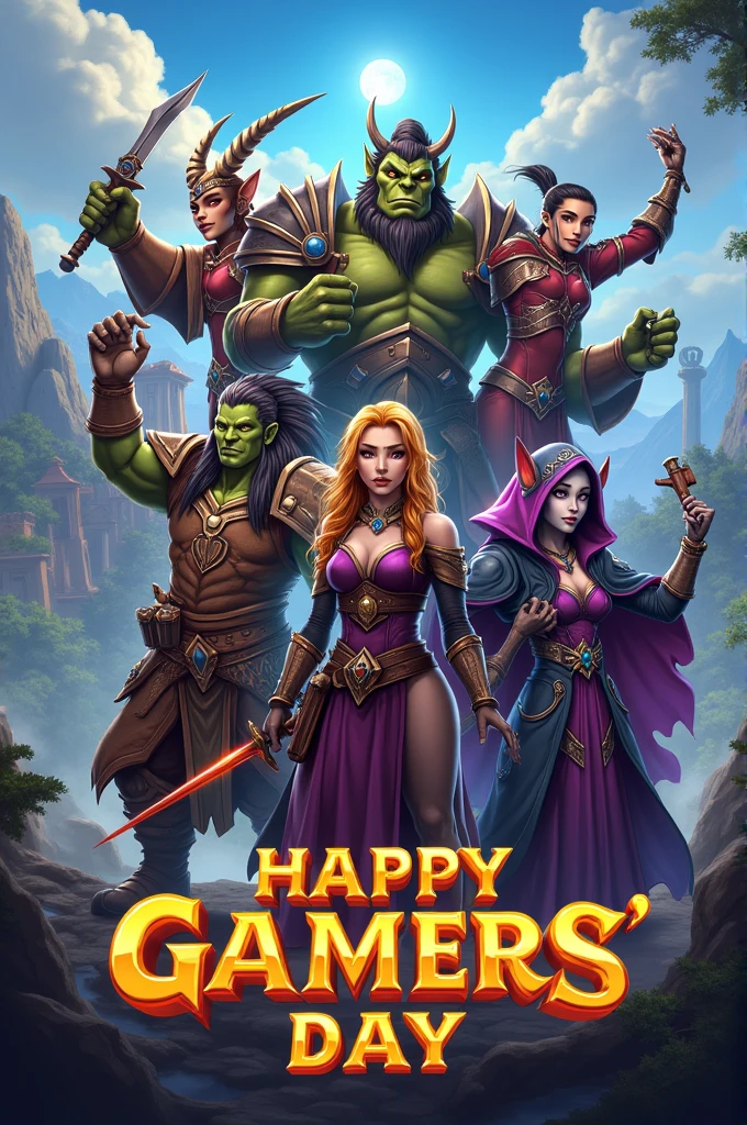 Image that says Happy Gamer's Day with characters from the video game World of Warcraft