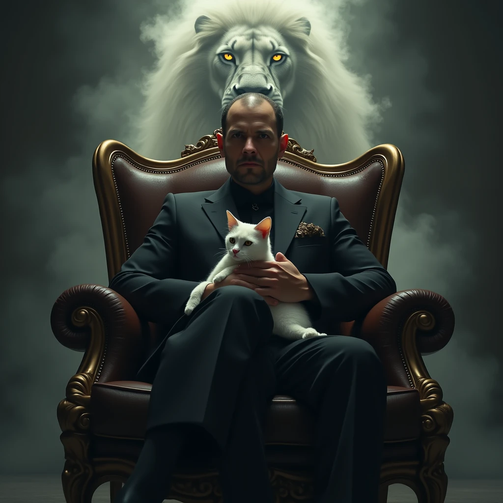 Create a realistic image where a man wearing black luxury suit and sitting on king size chair, he's holding a white cat 🐈 in his hand, there is smoke in background a shadow of lion and lion's eyes is glowing in yellow colour. In background the name "chico" is showing in bold effects just attached above the chair the head of the character as per his name.