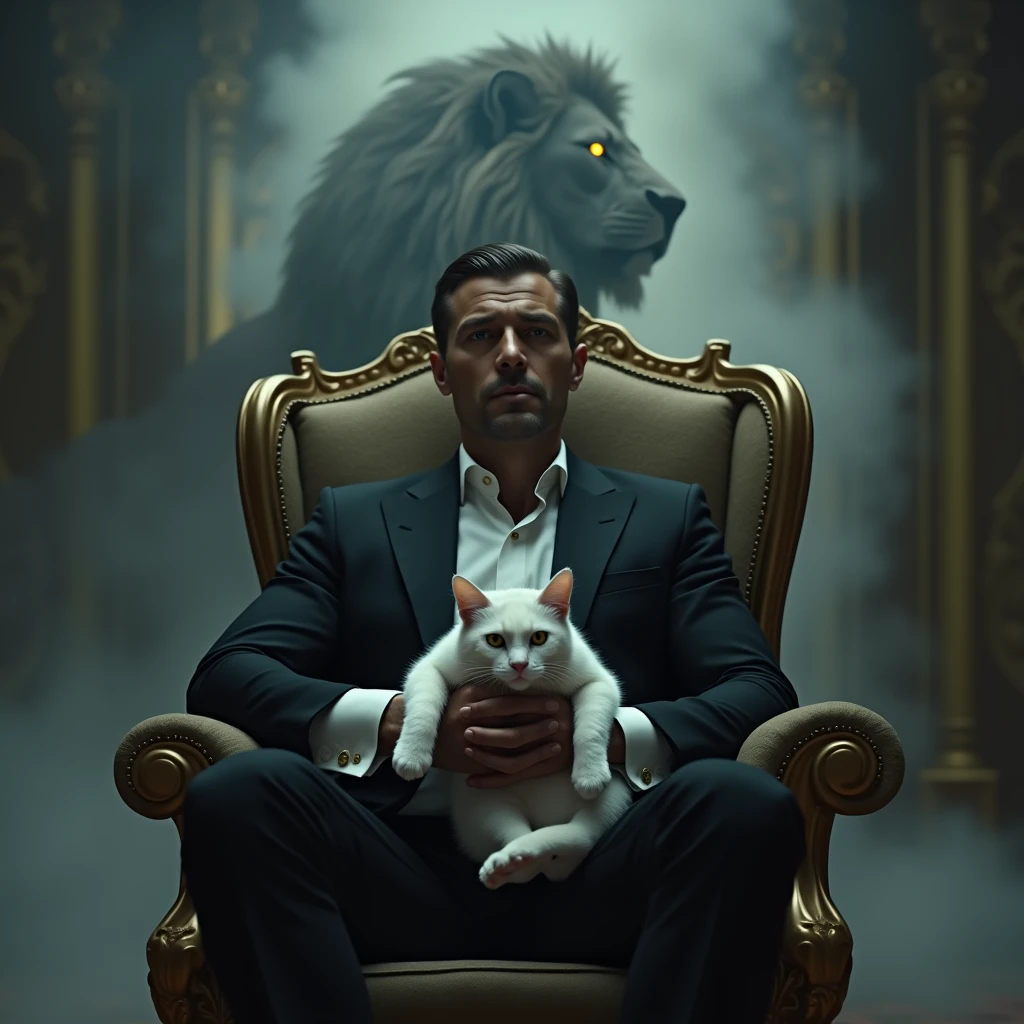 Create a realistic image where a man wearing black luxury suit and sitting on king size chair, he's holding a white cat 🐈 in his hand, there is smoke in background a shadow of lion and lion's eyes is glowing in yellow colour. In background the name "chico" is showing in bold effects just attached above the chair the head of the character as per his name.