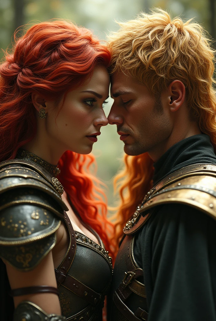 beautiful female warrior with red hair and green eyes, In a love triangle with two male warriors, one with long red hair and caramel skin looked at her lovingly, and another one with short blonde hair was seducing her, and she was confused, who wants this 