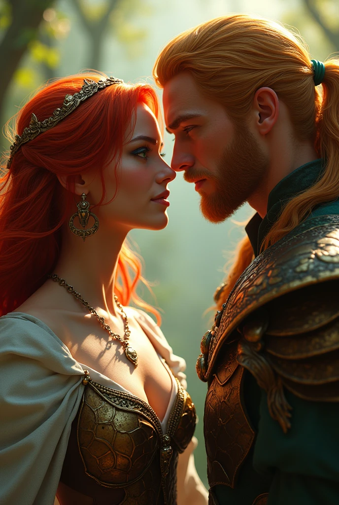 beautiful female warrior with red hair and green eyes, In a love triangle with two male warriors, one with long red hair and caramel skin looked at her lovingly, and another one with short blonde hair was seducing her, and she was confused, who wants this 