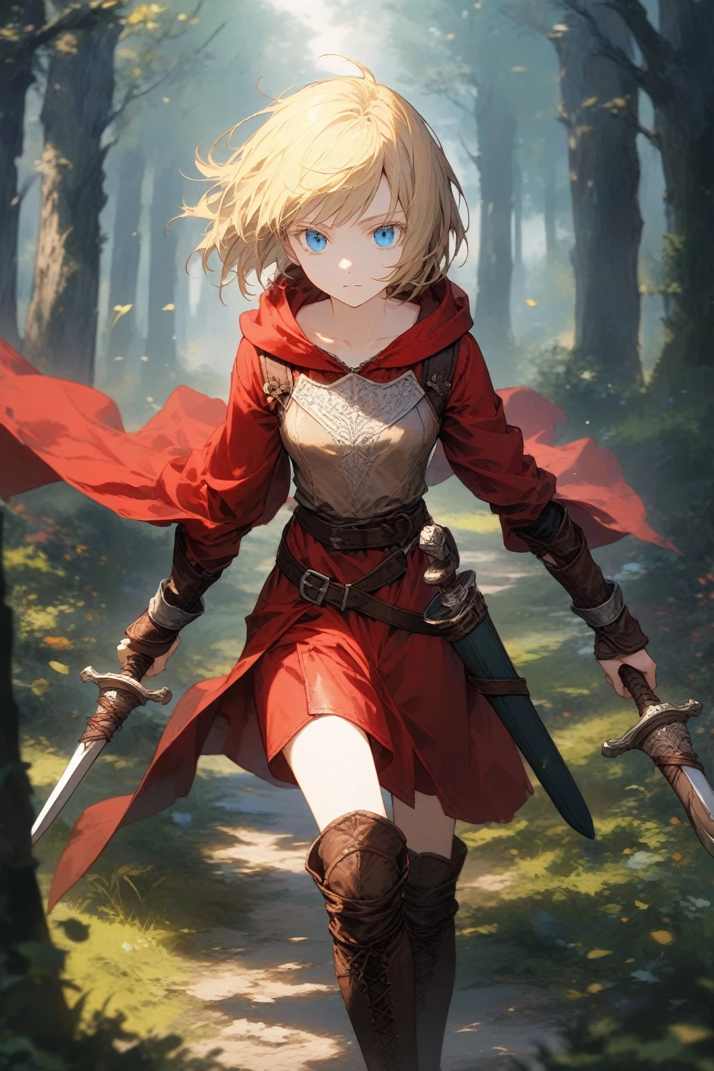 masterpiece, best quality, very aesthetic, absurdres,1girl,rating: general,(hyper detailed eyes),blonde hair,short hair,[disheveled hair],colored eyelashes,blonde eyelashes,blue eyes,(sharp eyes),(slanted eyes),choppy bangs,medium breasts,clear face,expressionless,(dagger),(dual wielding),(red hooded cloak),(leather armor),(leather chest guard),(leather gauntlets),(leather greaves),(leather boots),medieval,fantasy,forest,