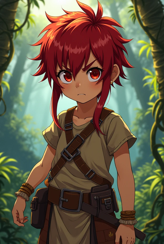 A boy with red hair and red eyes, indigenous, wearing jungle clothes and with a scar on his cheek like in an anime