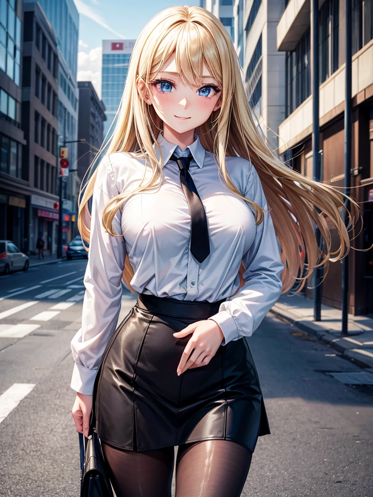 ((High resolution)), ((Lighting and color)), ((masterpiece)), ((Blue eyes)), Young woman with blue eyes., Straight blonde hair, The wind blew it away and it got a little messy., Standing lightly on a bustling city street. She wears a loose-fitting white business shirt that accentuates her natural elegance.。.., Pair with a black tight skirt for a business look。.. have a business bag。.. She is in a delicate pose, A sweet and affectionate smile, tilt your body slightly. Modern skyscrapers are mixed in the background.., Quaint café, Bustling pedestrians. The soft sunlight gently illuminates your face.., In the hustle and bustle of the city、Give off a warm glow、Emphasize your presence。."