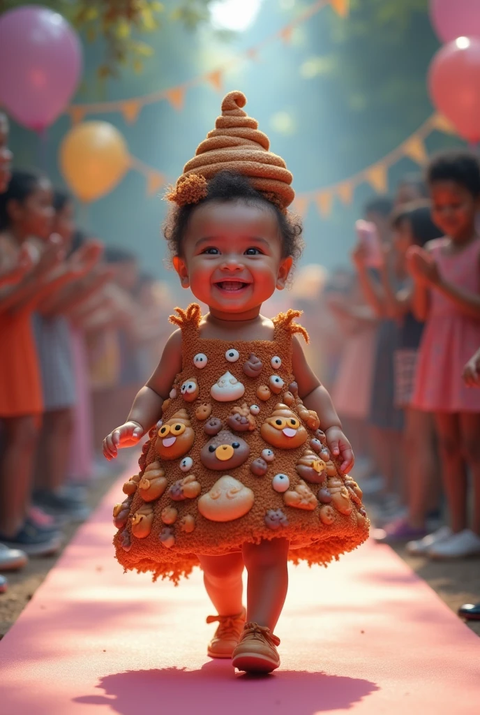 Create a scene in which a smiling and adorable  girl is wearing a dress made with party sweets of poop brigadeiros inside the plates of brigadeiros, the brigadeiros with grated poop in relief, and on the babyead an ornament of poop brigadeiros decorated with grated poop, inside the plates for brigadeiros, in relief and parading on the catwalk, ultra realistic 4k moving camera