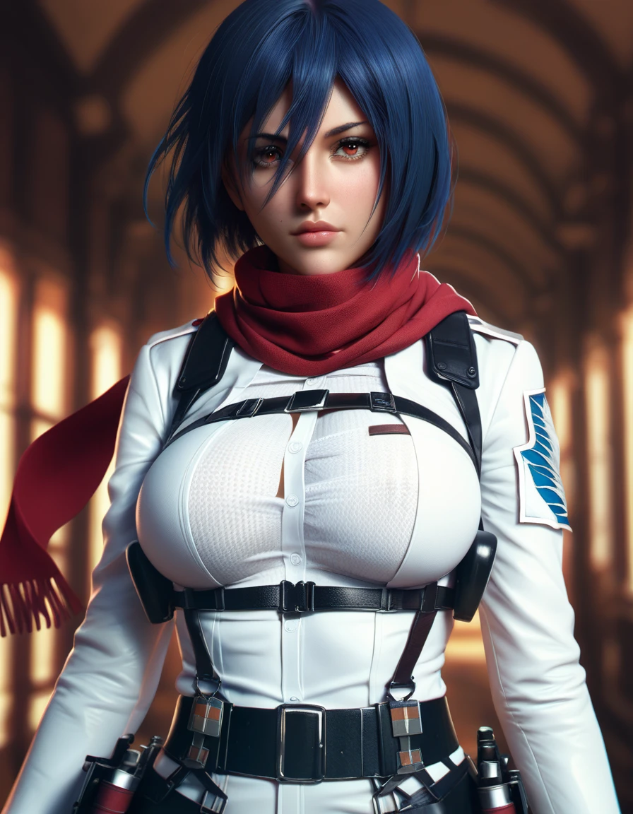 score_9, score_8_up, score_7_up, 1girl, solo, breasts, looking at viewer, short hair, shirt, blue hair, red eyes, long sleeves, hair between eyes, closed mouth, jacket, white shirt, upper body, weapon, open clothes, belt, scarf, blurry, uniform, open jacket, lips, blurry background, red scarf, emblem, paradis military uniform, three-dimensional maneuver gear, survey corps (emblem), mikasa ackerman