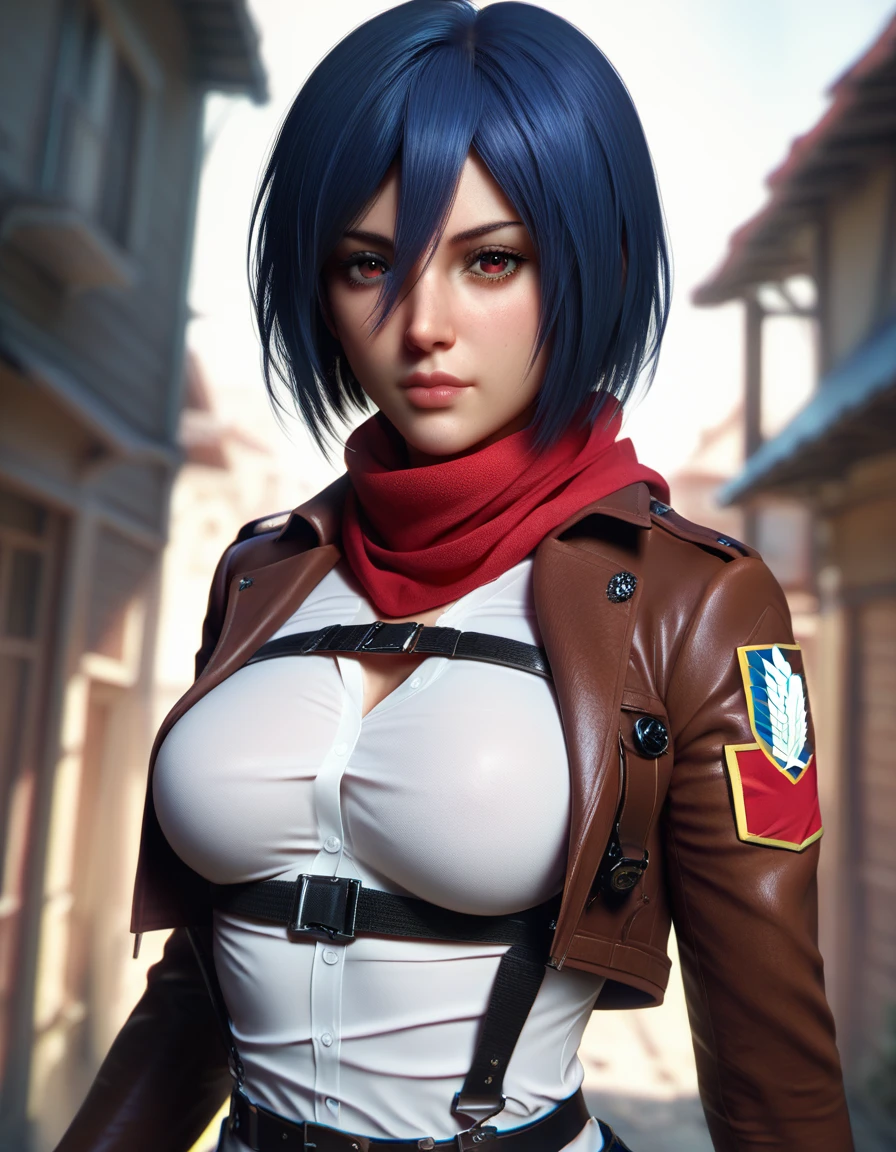 score_9, score_8_up, score_7_up, 1girl, solo, breasts, looking at viewer, short hair, shirt, blue hair, red eyes, long sleeves, hair between eyes, closed mouth, jacket, white shirt, upper body, weapon, open clothes, belt, scarf, blurry, uniform, open jacket, lips, blurry background, red scarf, emblem, paradis military uniform, three-dimensional maneuver gear, survey corps (emblem), mikasa ackerman