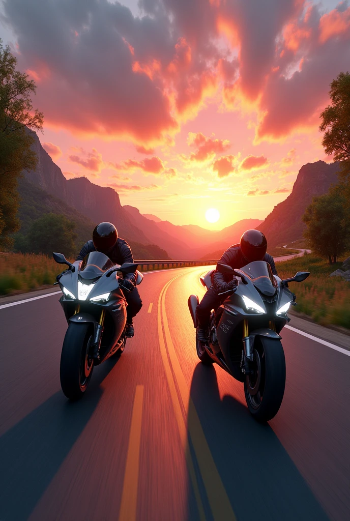 A road with the sunset at the end. Two sports bikes on the road heading towards the sun.