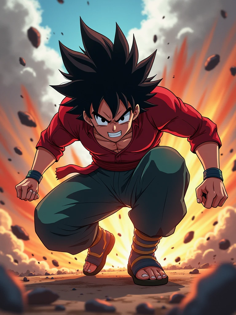 Un puissant personnage d'anime, izuku midoriya, est accroupi, ses yeux plissés de détermination. Sa main droite est tendue, les doigts recourbés, prêt à frapper. L'éclairage est dramatique, mettant en valeur ses muscles et l'intensité de son expression. L'arrière-plan est un flou de couleurs et de mouvements, suggérant une bataille chaotique. Art numérique, style anime, Style Eiichiro Oda, composition dynamique, contraste élevé, couleurs vives, détails texturés, arrière-plan flou de mouvement.