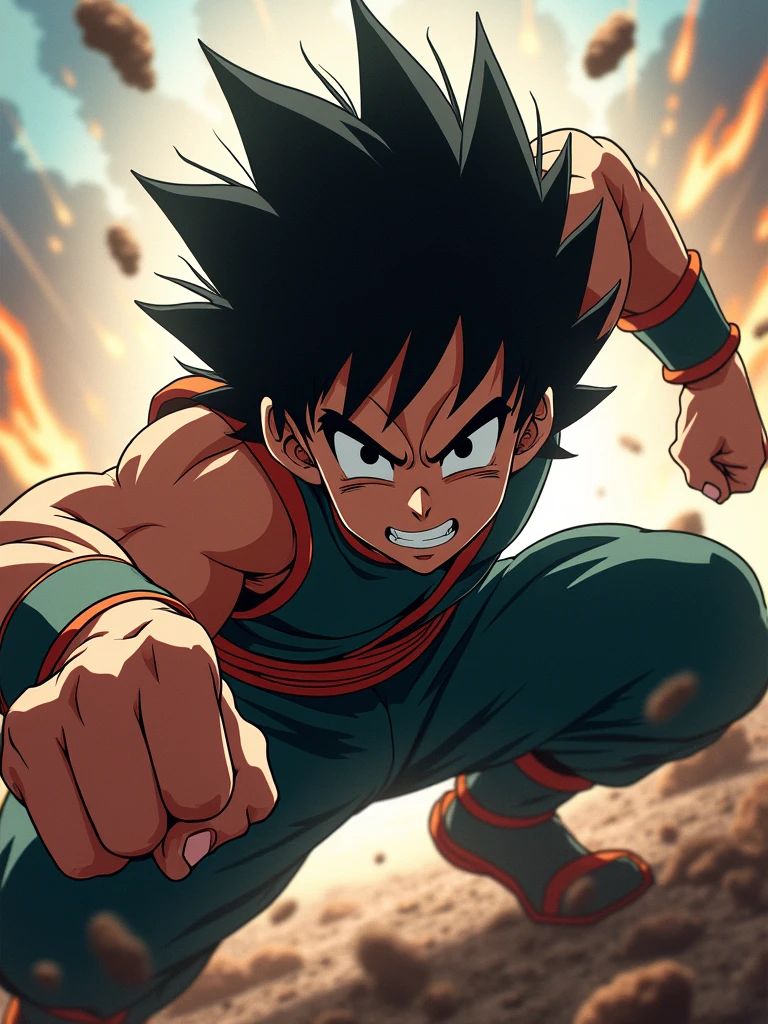 Un puissant personnage d'anime, izuku midoriya, est accroupi, ses yeux plissés de détermination. Sa main droite est tendue, les doigts recourbés, prêt à frapper. L'éclairage est dramatique, mettant en valeur ses muscles et l'intensité de son expression. L'arrière-plan est un flou de couleurs et de mouvements, suggérant une bataille chaotique. Art numérique, style anime, Style Eiichiro Oda, composition dynamique, contraste élevé, couleurs vives, détails texturés, arrière-plan flou de mouvement.
