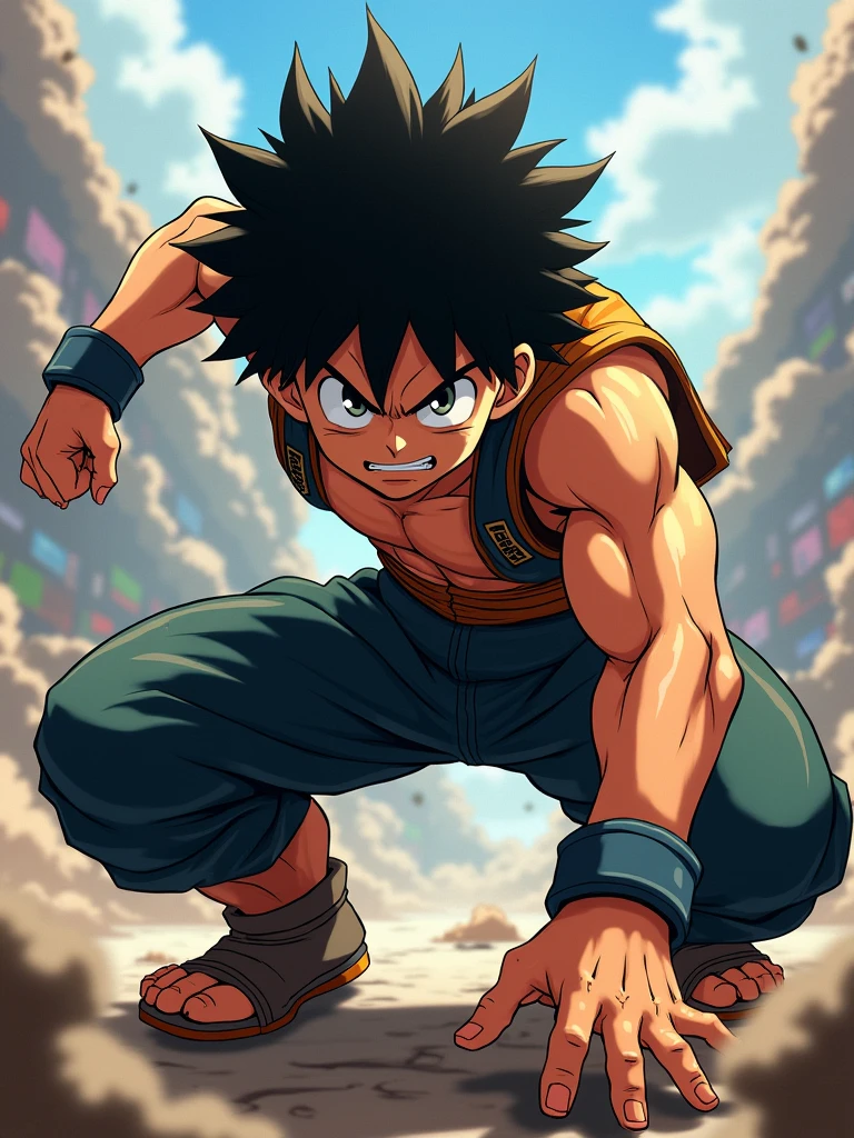 Un puissant personnage d'anime, izuku midoriya, est accroupi, ses yeux plissés de détermination. Sa main droite est tendue, les doigts recourbés, prêt à frapper. L'éclairage est dramatique, mettant en valeur ses muscles et l'intensité de son expression. L'arrière-plan est un flou de couleurs et de mouvements, suggérant une bataille chaotique. Art numérique, style anime, Style Eiichiro Oda, composition dynamique, contraste élevé, couleurs vives, détails texturés, arrière-plan flou de mouvement.