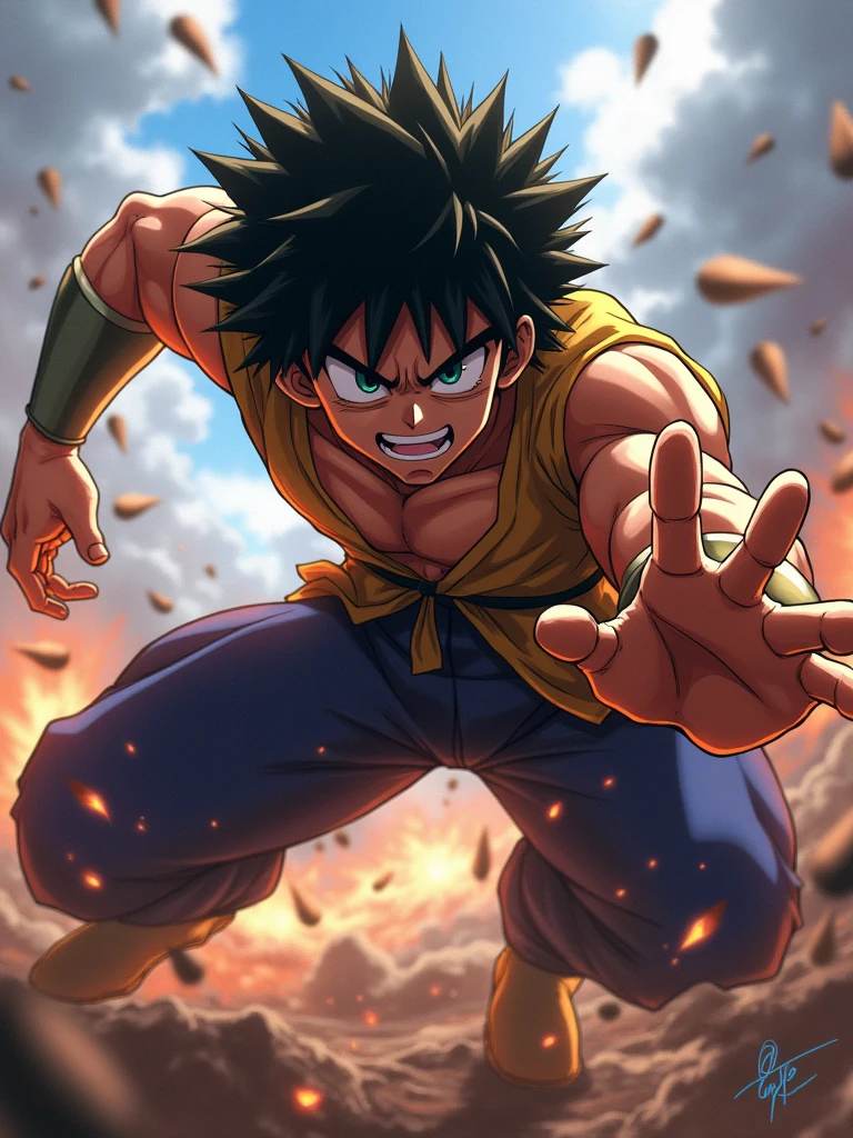 Un puissant personnage d'anime, izuku midoriya, est accroupi, ses yeux plissés de détermination. Sa main droite est tendue, les doigts recourbés, prêt à frapper. L'éclairage est dramatique, mettant en valeur ses muscles et l'intensité de son expression. L'arrière-plan est un flou de couleurs et de mouvements, suggérant une bataille chaotique. Art numérique, style anime, Style Eiichiro Oda, composition dynamique, contraste élevé, couleurs vives, détails texturés, arrière-plan flou de mouvement.