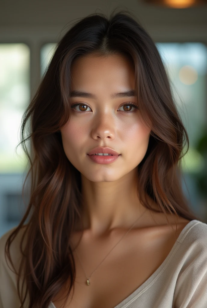 Portrait photoréaliste d'une femme de 22 ans aux cheveux brun et aux yeux marron. Elle doit avoir une expression naturelle et être éclairée par une lumière douce. Sa peau doit ressembler autant que possible à la peau humaine. L'arrière-plan doit être un intérieur moderne. Capturez cette image avec une photographie haute résolution en utilisant un objectif 85 mm pour une perspective flatteuse.