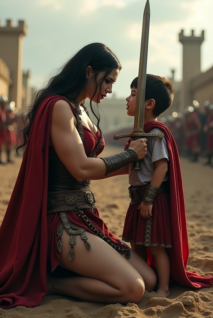 Realism, super quality, action battle photo style, defeated woman standing on her knees, her son is holding the the tip of the sword against woman's throat, stabbing her throat, her head is thrown back, woman has large masculine Adam's apple, (woman is a 30-year-old warrior, feminine face, gothic makeup, pale skin, long hair) (son is 12-years-old) roman empire fight