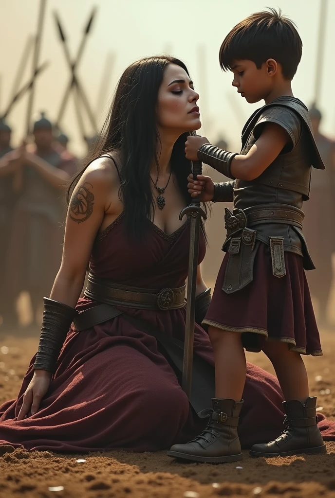 Realism, super quality, action battle photo style, defeated woman standing on her knees, her son is holding the the tip of the sword against woman's throat, stabbing her throat, her head is thrown back, woman has large masculine Adam's apple, (woman is a 30-year-old warrior, feminine face, gothic makeup, pale skin, long hair) (son is -yeld) ro empire fight