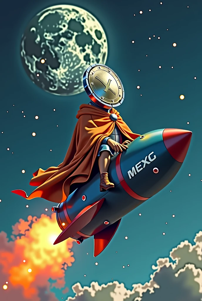 A king with a big head that looks like a coin and an orange dress is riding a rocket that is dark blue with MEXC written on it and goes to the moon.