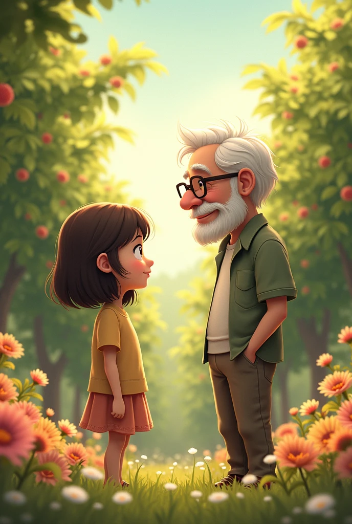 a six year old girl with chocolate colored hair without bangs with MEDIUM hair, He is in an orchard talking to his grandfather, his grandfather without glasses, without a jacket, He has white hair and beard and is surrounded by many flowers where the grandfather and the girl are observed