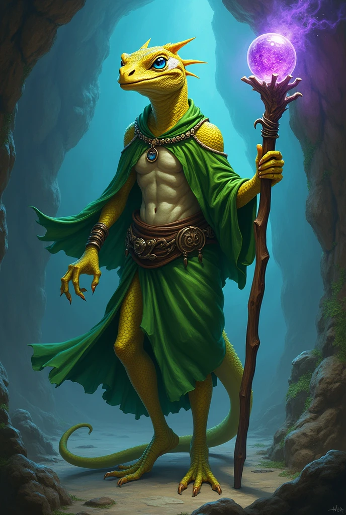 Yellow lizard man with a white spot on his face and bright blue eyes A wooden staff with a purple glass sphere Vibrant green clothes Surrounded by shadow magic