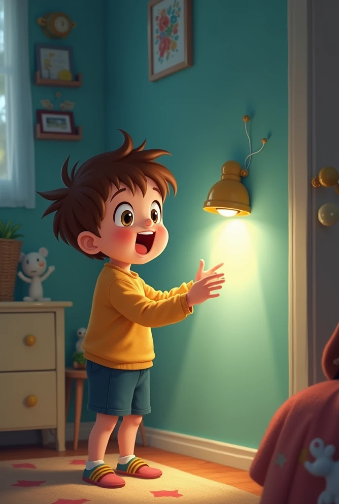 in his room holding an imaginary object with his hands. But his hands are empty he is pointing the toy at the wall. as if it were a projector. he looks happy. he is away from the wall