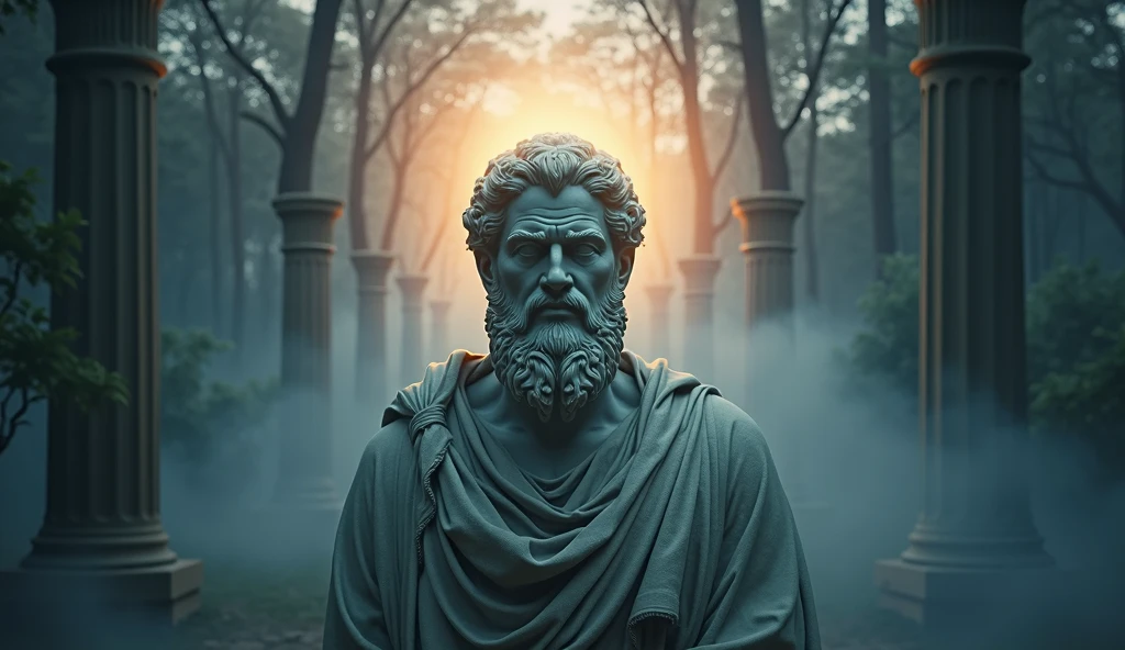 Create a captivating YouTube thumbnail for a video titled "Магія Мовчання: Як Тиша Веде до Мудрості та Сили." The image should have a mystical and serene atmosphere, featuring a highly detailed ancient marble statue in the style of Stoicism as the central figure. The statue should exude an aura of calmness and introspection, surrounded by subtle light that emphasizes its timeless wisdom. The background should blend elements of nature, like a tranquil forest or peaceful mountainside at dawn, with an overall color palette that balances deep blues, soft purples, and gentle golds. Incorporate visual cues of wisdom, such as a glowing light around the statue’s head, and symbols of strength like ancient columns or sturdy trees. The atmosphere should feel both mysterious and thought-provoking, drawing the viewer into a world of ancient philosophy. The text "Магія Мовчання" should be bold and clear, placed at the top with a slightly ethereal glow, while "Як Тиша Веде до Мудрості та Сили" should be smaller and elegantly positioned at the bottom. The overall composition should be visually striking and inviting, designed to captivate the viewer with its blend of ancient wisdom and serene beauty.