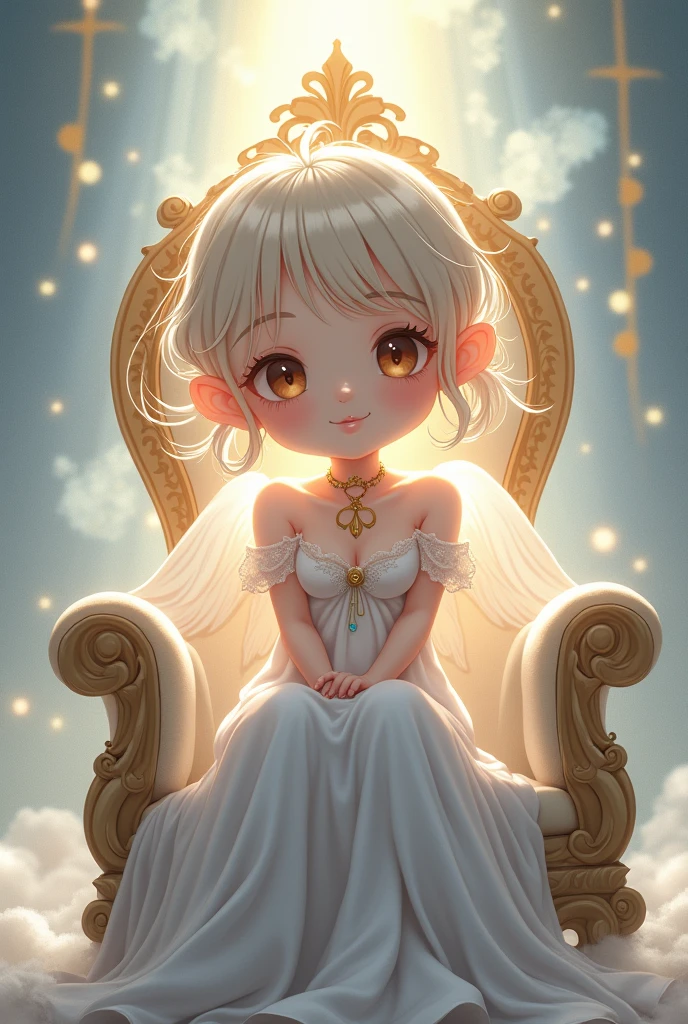 Cute Anime angel sitting on the throne with spoo  tattoo on neck