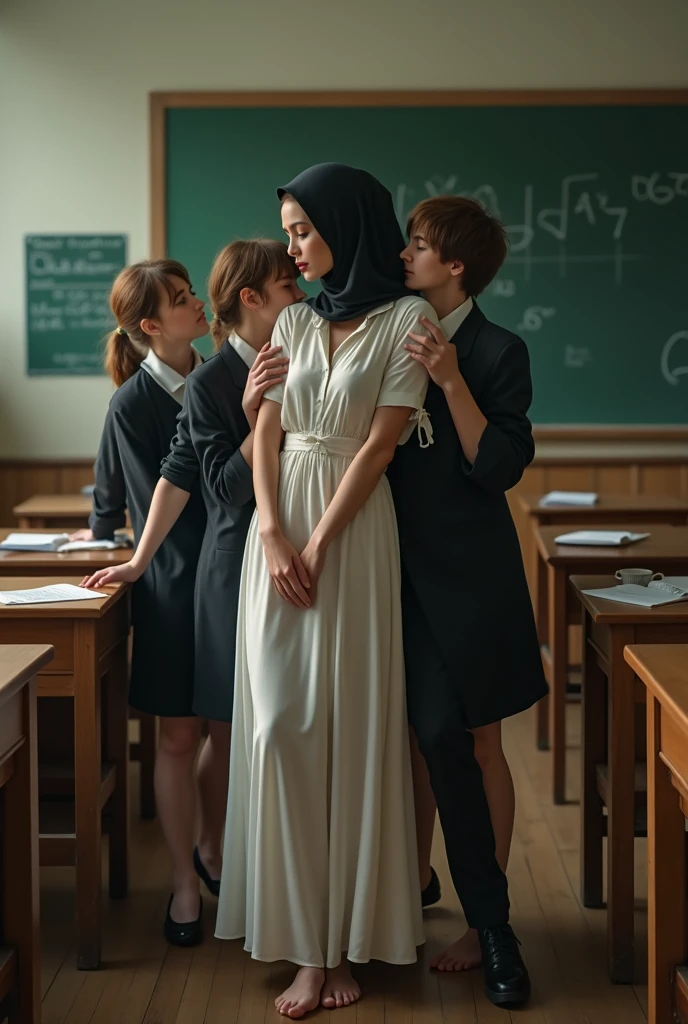 Black headscarf in class, barefoot in white long uniform, Sexy skinny female teacher kissing with a man. Other students touch the teacher behind her back.