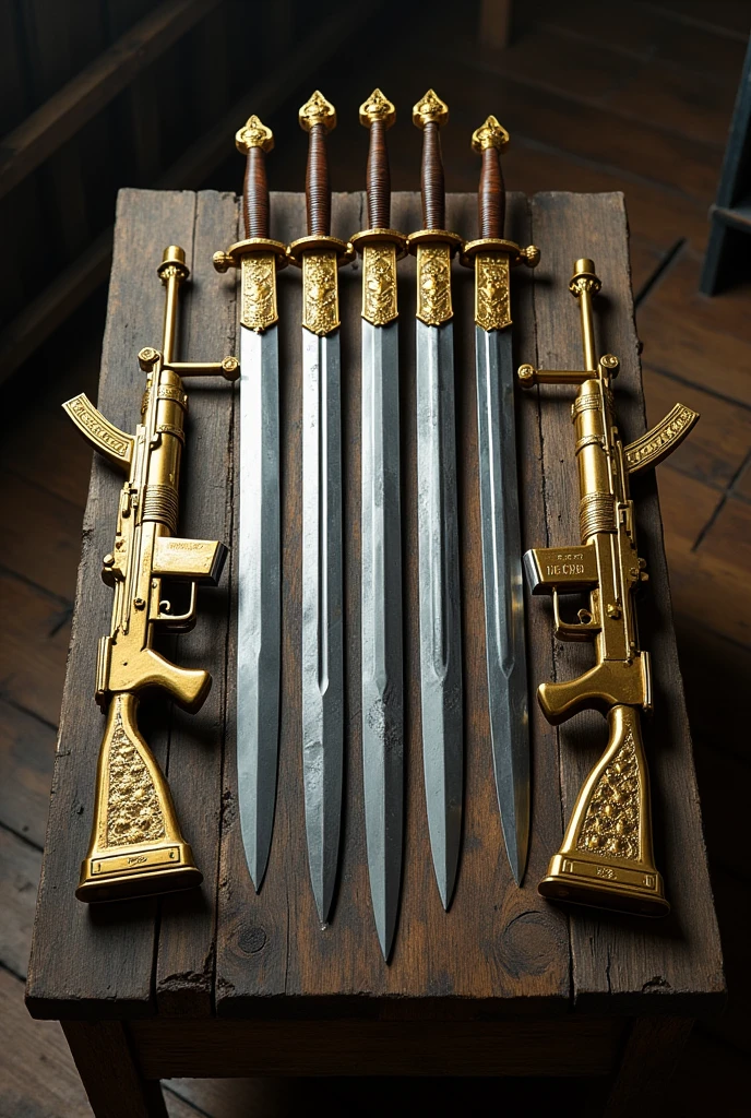 10 swords on top of wooded table sorrounded with gold plated ak 47