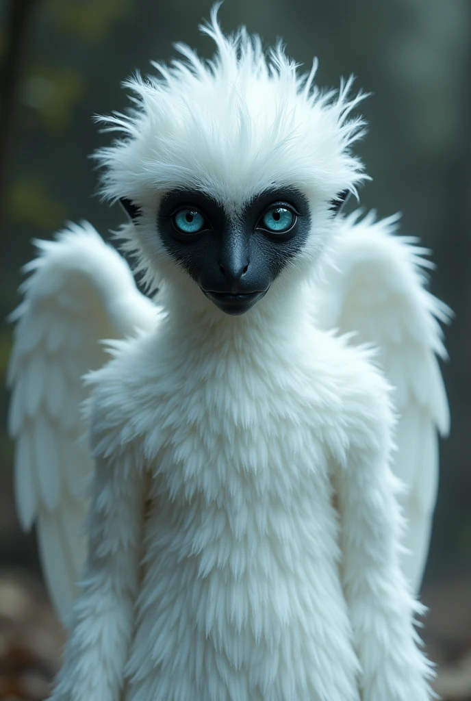 White Angel with black face and small blue eyes. No mouth, white fur and feathers.