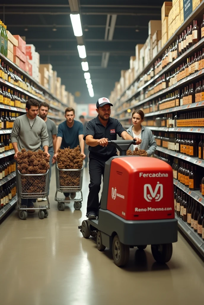 photorealistic image, Mercadona supermarket worker cleaning on a large electric sweeper, in the wine aisle, He has accidentally hooked up and is dragging several carts full of pine cones. In the background some young men are running to catch a cart with their arms out in front of them., On the other side, some angry girls are waiting for you.