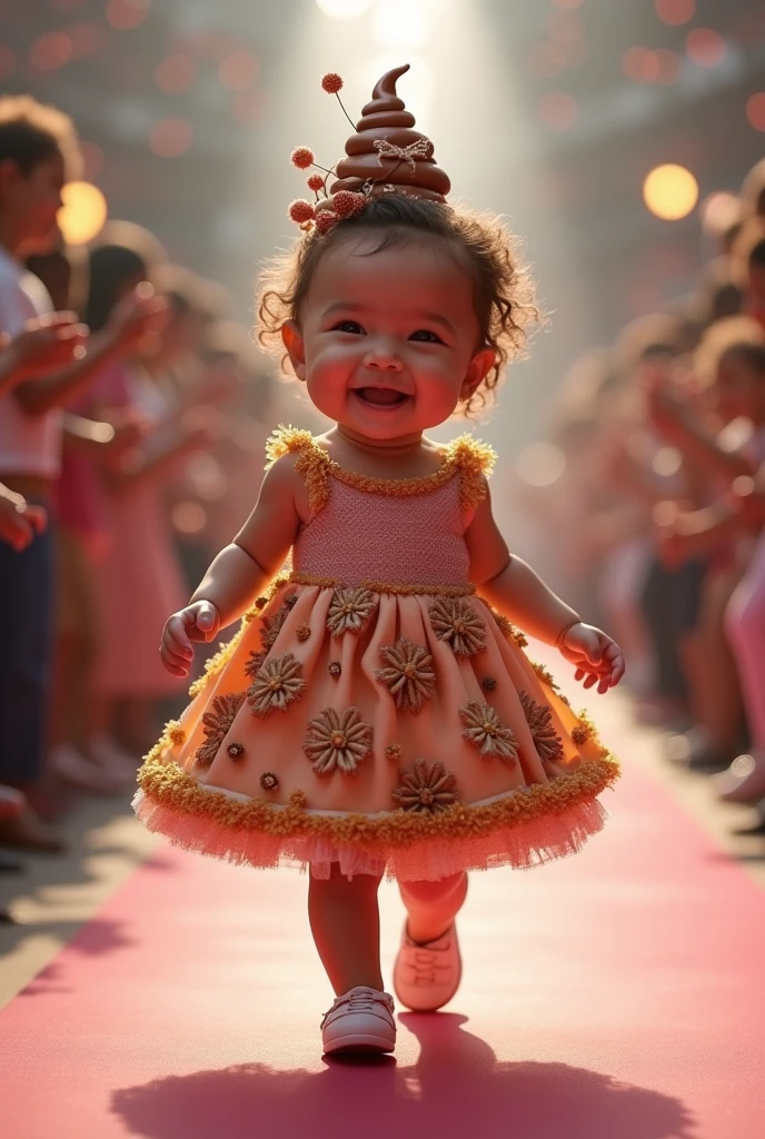 Create a scene in which a smiling and adorable  girl is wearing a dress made with party sweets of poop brigadeiros inside the plates of brigadeiros, the brigadeiros with grated poop in relief, and on the babyead an ornament of poop brigadeiros decorated with grated poop, inside the plates for brigadeiros, in relief and parading on the catwalk, ultra realistic 4k moving camera