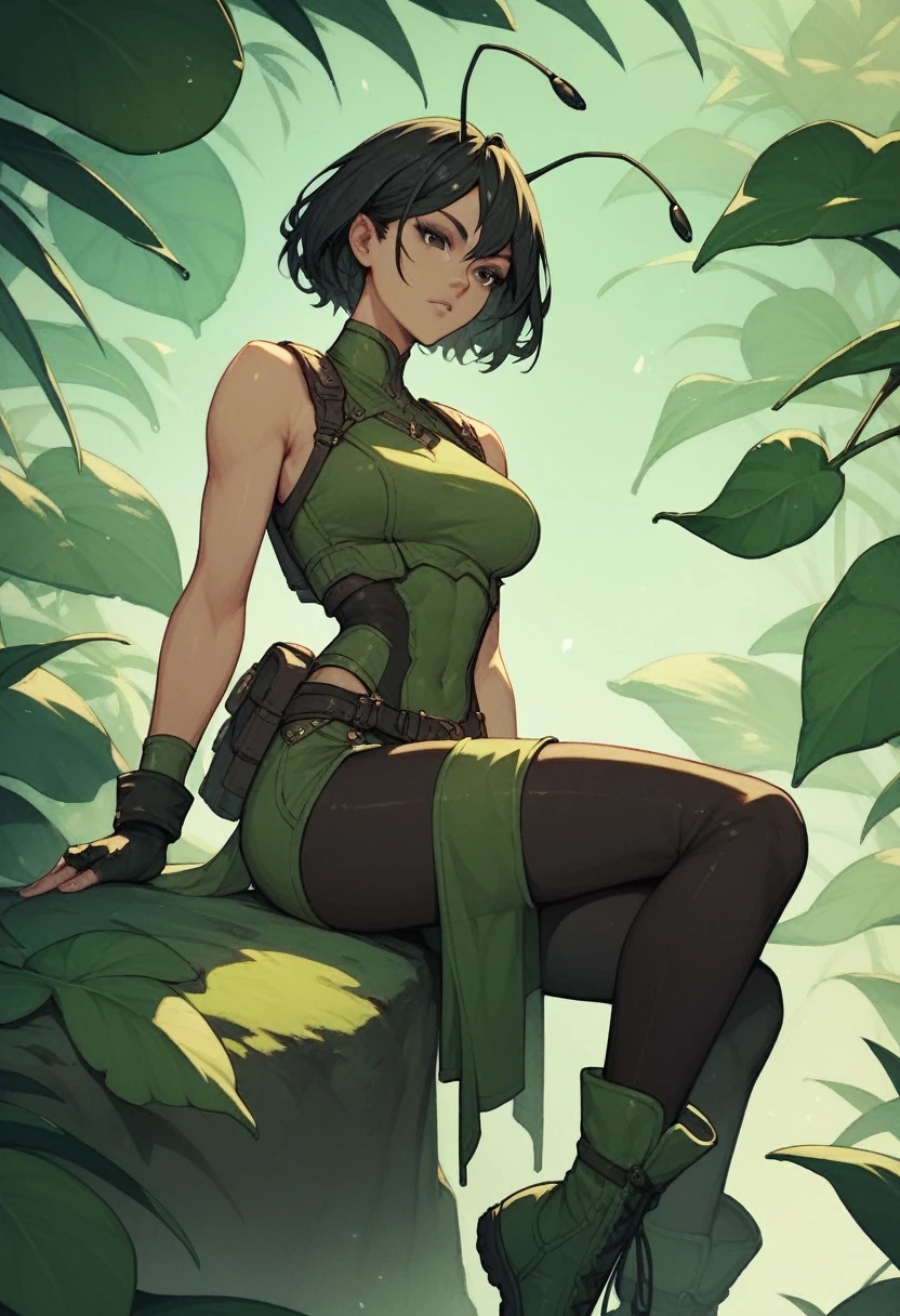 1girl, black eyes, black hair, seamless hair, shoulder-length, antennas, sleeveless, dark green bodysuit, black pants, dark green mini skirt, dark green boots, dark green, long fingerless gloves, leaf loincloth