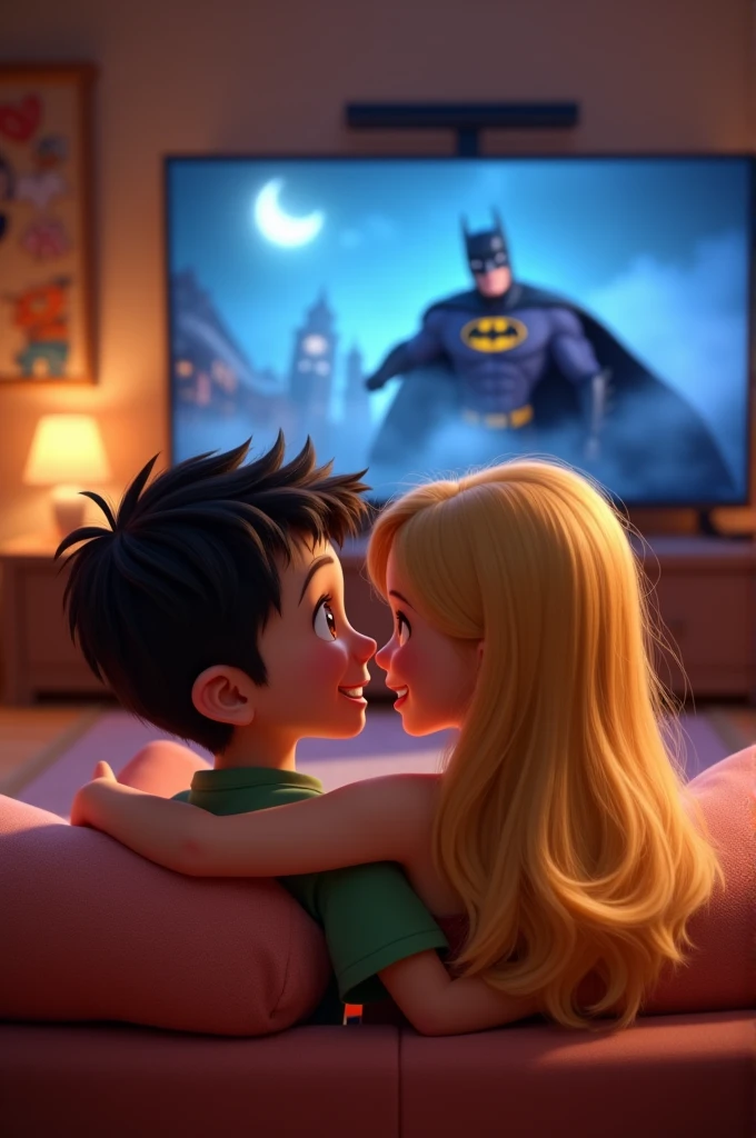 Can you make a Disney Pixar 3d photo with two people one of them is a boy with a black hair and brown eyes and the other one is a blonde long straight haired girl with brown eyes and the two of them are watching the batman movie on tv while they are hugging