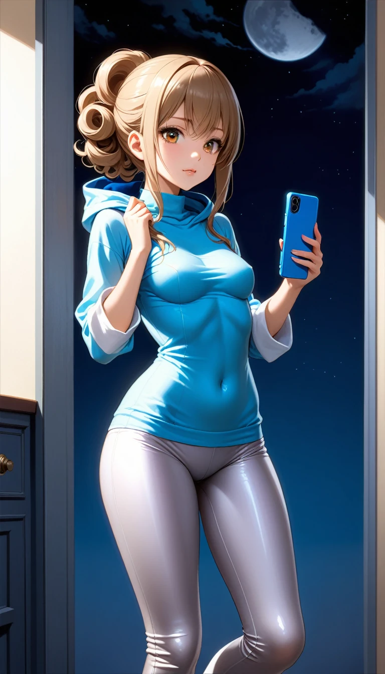 Beautiful 47y young woman with short undercut curly dark blonde hair, tied up hair, with brown eyes wearing ((Tight Silver Low-Rise Leggings), ((Sexy Mock Neck Mid Sleeves Light Blue Shirt With Hood Down)), standing in her bedroom at night, holding her cellphone, (mid-tanned skin), (light brown lipstick), (elegant mascara), (slim body), (small breasts), (wide hips), midjourney, <lora:GoodHands-, <lora:GoodLegs-, UHD, high resolution, (expressive eyes, perfect face, full body, expressive face, perfect body, perfect pussy, athletic, fit, slim body, blushing, Perfect makeup, eyeliner, beautiful eyelashes, smiling, horny face), ((best illumination, best shadows)), ((sexy pose)), score_9_up, score_8_up, score_7_up