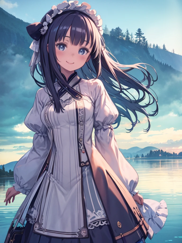 Immerse yourself in a fantastic scene with this unique image。, A girl with a bright smile appears, Her clothes blend into the dreamy lakeside background, Further enhanced by amazing multiple exposure effects.