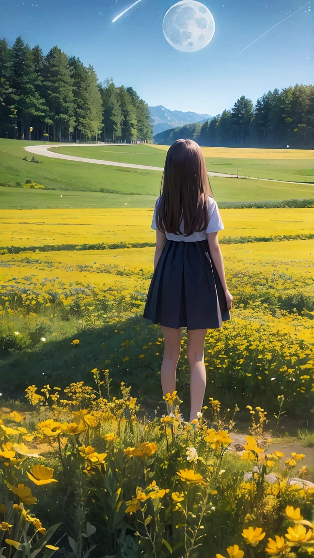 A girl on a meadow,Many stars shining in the wide sky,Shining Star,milky way,full moon,I look up and see,Wildflowers are in full bloom,Pure World,masterpiece,Highest quality,最高masterpiece,Detailed anime art,Digital Art,