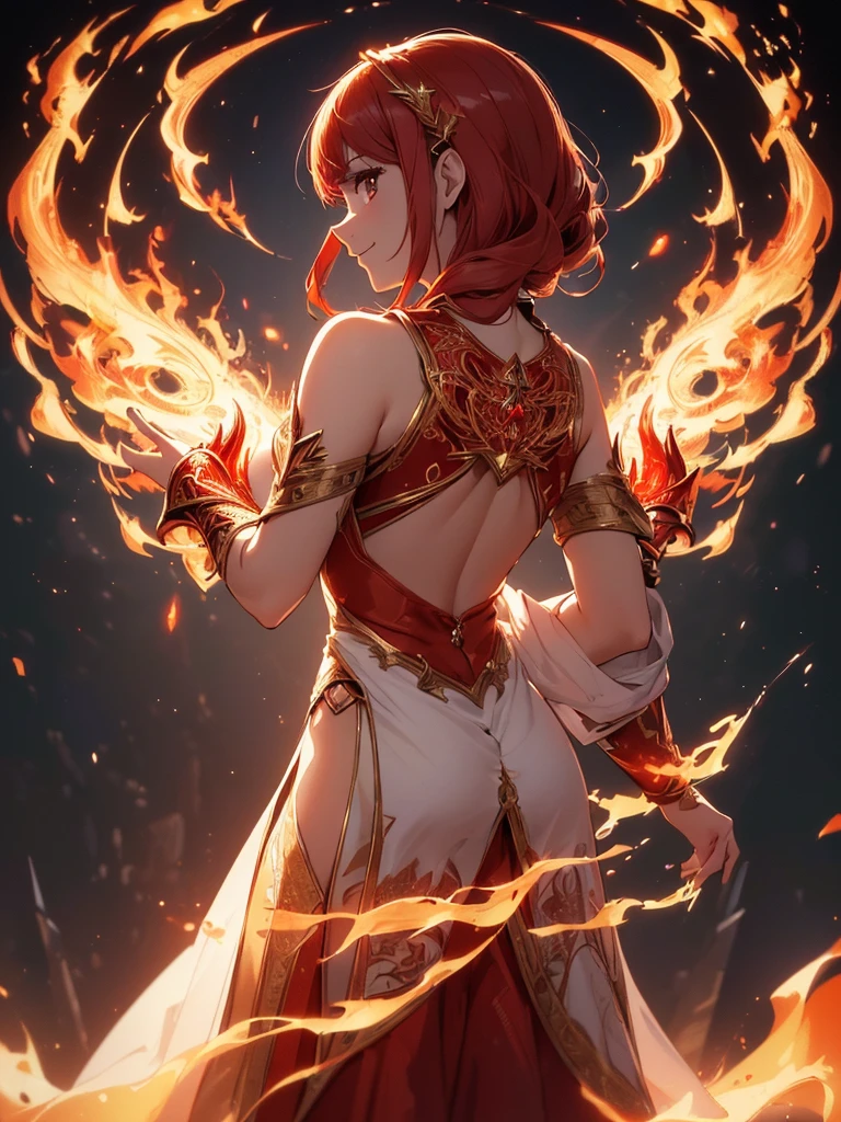 (((best quality, sharp image, clear image, cinematic lighting, 8k resolution, masterpiece, ultra detailed, intricate))) Girl, sorcerer, cute, intricate dress, smiling, fiery red, ((intricate background)), (rune frame), dimension, ((shot from behind)), fire sigils, chaotic background, ((half-body shot))