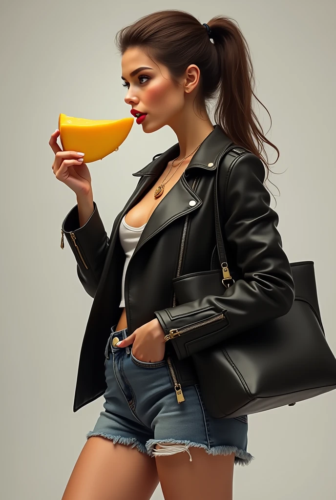 Femme cheveux attaché veste cuir mini short jean grand sac a main, elle lèche du fromage